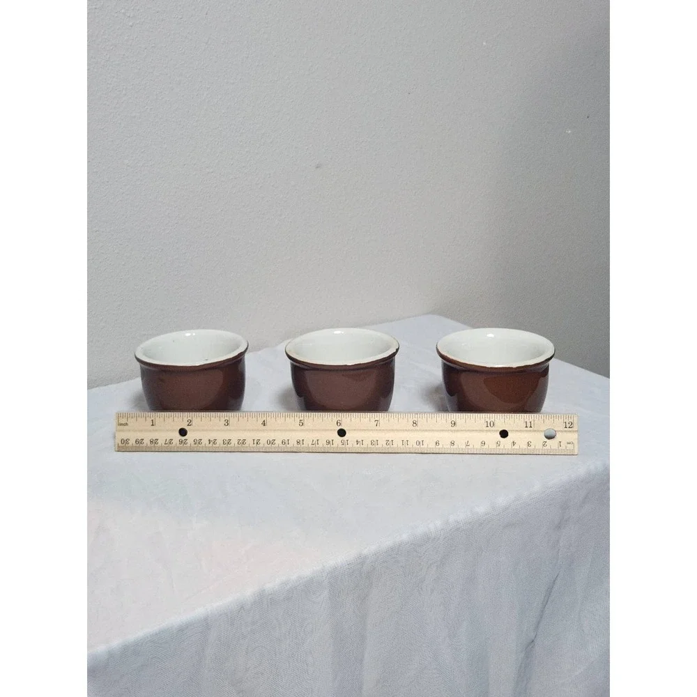 Vintage Hall China Brown White Custard Cups Ramekins Set of 3 Stoneware Bakeware